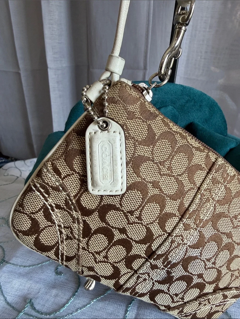 Coach Brown and Cream Signature Canvas Wristlet with Ivory Strap